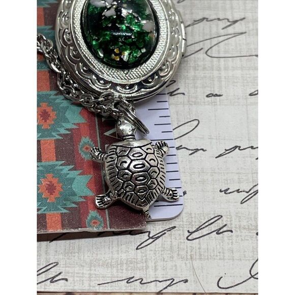 Green Turtle Opal Silver Nautical Beach Mermaid Photo Locket Necklace Valentines - Picture 16 of 16